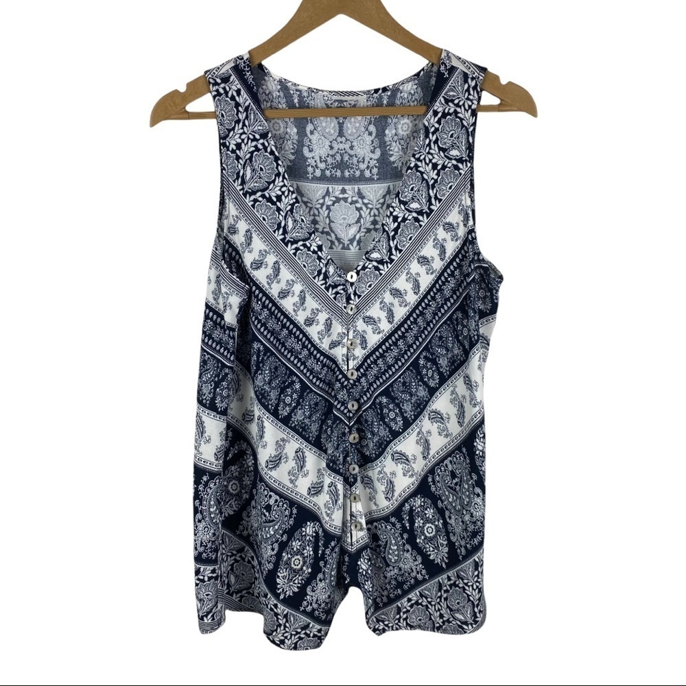 Navy and White V Neck Tunic Top with Buttons